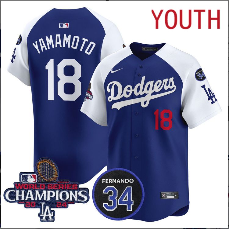 Youth  MLB Los Angeles Dodgers #18 Yamamoto blue 2024 World Series Champions Patch Limited Jersey style 3->los angeles dodgers->MLB Jersey